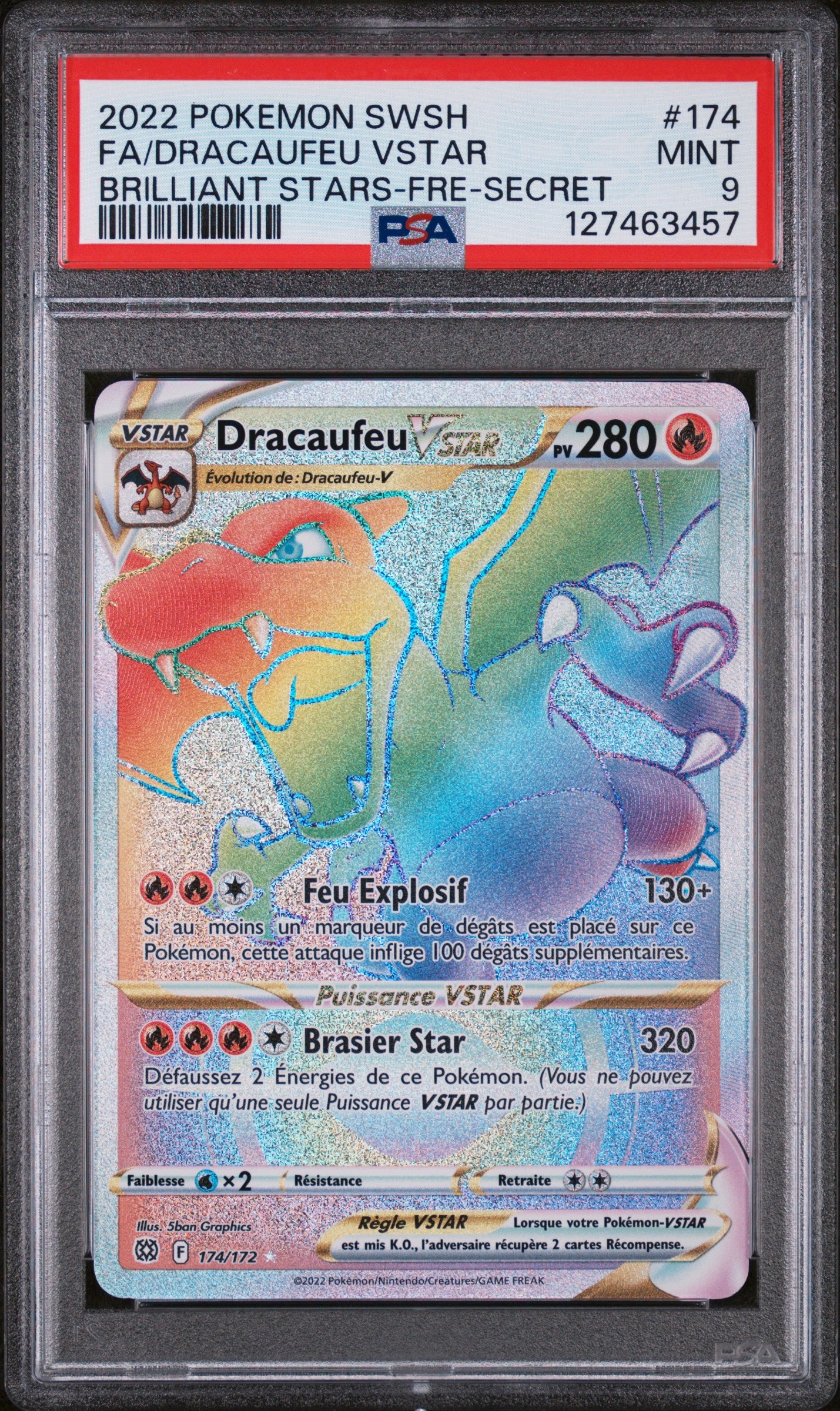 Fa/Dracaufeu Vstar Pokemon Sword & Shield Brilliant Stars 174 NM PSA 9