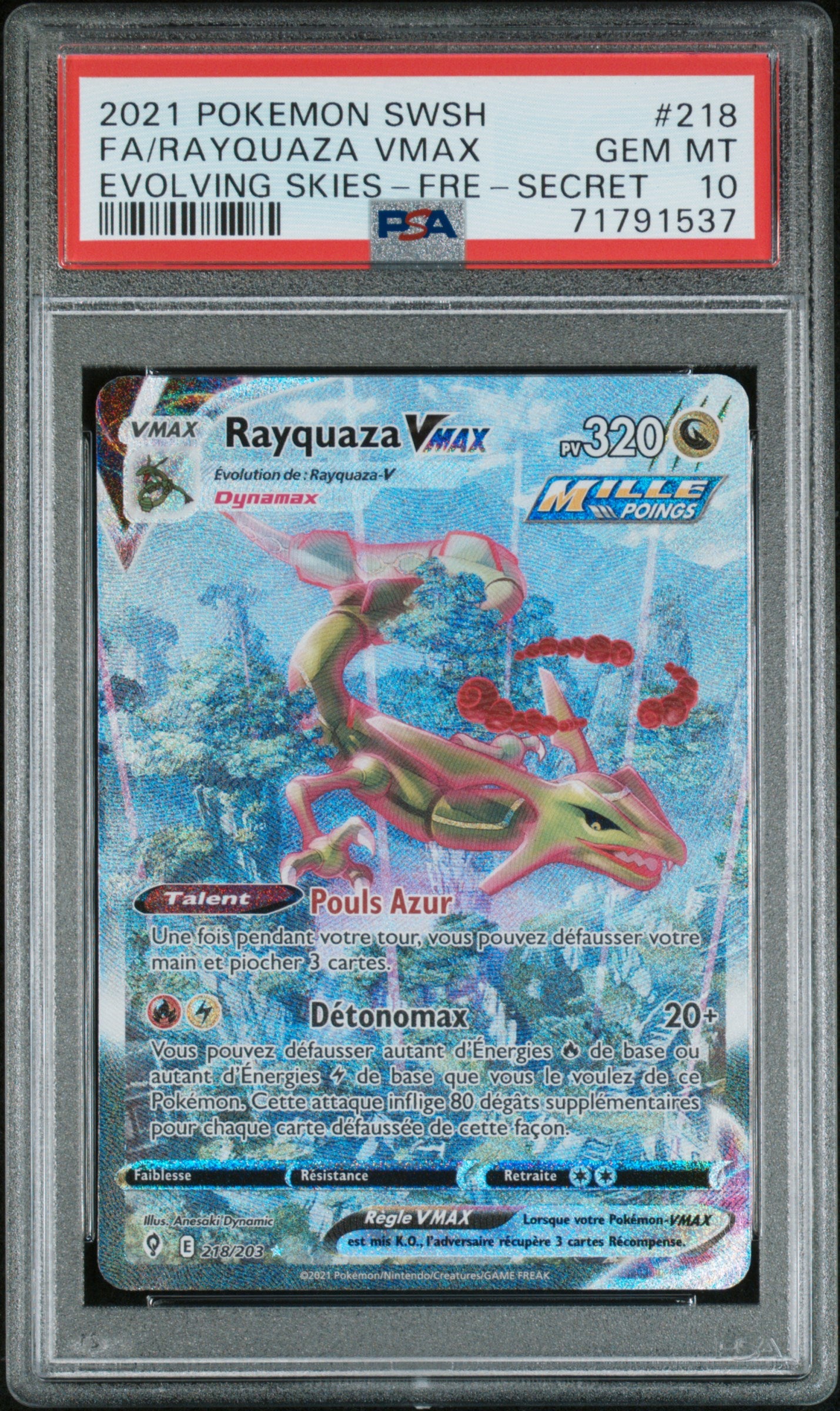 Rayquaza Vmax Pokemon Evolution Céleste 218 NM PSA 10